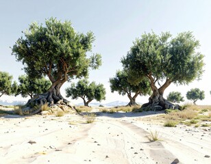 Olive trees dot landscape. Dust road through field