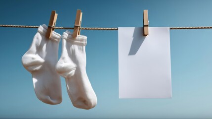 White socks and a blank sheet of paper are hanging on a clothesline with wooden clothespins against a clear blue sky, creating a simple yet evocative scene
