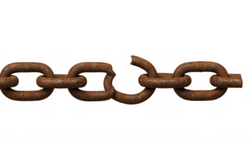 Broken rusty metal chain showing disconnection and weakness, symbolizing freedom, liberation, and failing security