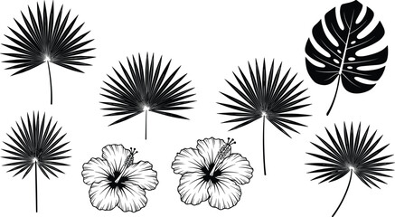 Tropical leaf icons, hibiscus flowers, black silhouette, monstera design, palm foliage, botanical elements, nature pattern, exotic flora, vector art