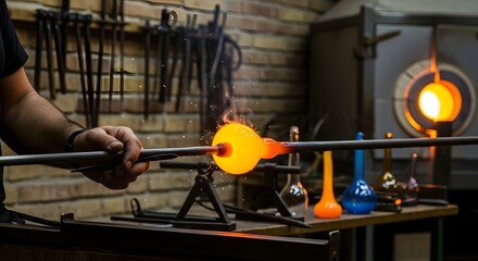 Lebanese artisan shaping molten glass into a colorful handblown vase inside a traditional Beirut workshop, captured with rich detail and warm light for authentic Middle Eastern craftsmanship.