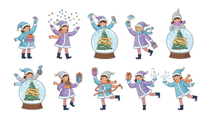 Joyful Festive Scenes: A collection of hand-drawn illustrations features a cheerful child interacting with festive elements, perfect for holiday greetings and seasonal designs.