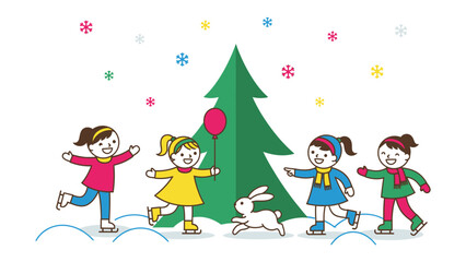 Winter Wonderland Fun: A heartwarming illustration of children skating joyfully around a festive Christmas tree, sharing the magic of winter with a playful bunny. 