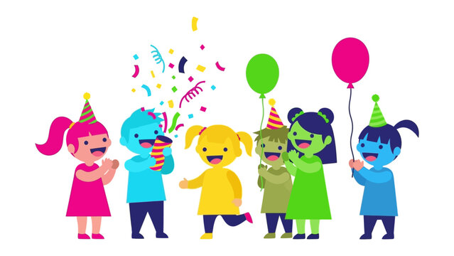 Joyful Party: A group of excited kids is celebrating with colorful confetti and balloons, radiating happiness and youthful energy. 