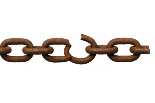 Broken rusty metal chain showing disconnection and weakness, symbolizing freedom, liberation, and failing security