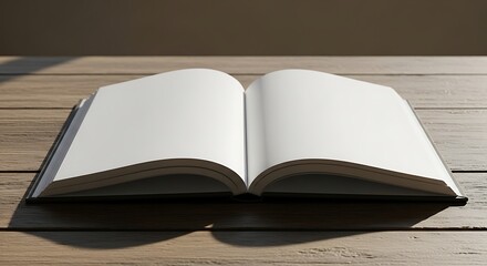Open blank book with empty pages resting on a rustic wooden table, illuminated by natural light and casting soft shadows
