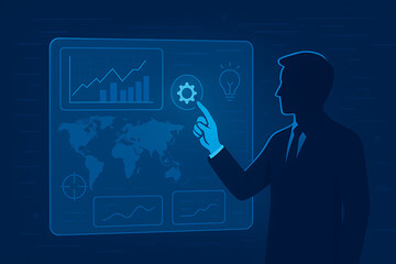 Man interacting with futuristic blue holographic interface displaying data and charts