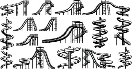 Water slide icons, amusement park, black silhouette, spiral slide, tube slide, ladder structure, summer fun, recreation design, thrill ride, attraction
