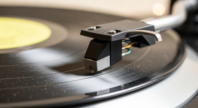 Captivating macro shot of a record player's needle gently resting in the intricate grooves of a vintage vinyl album, bringing timeless melodies to life - Powered by Adobe