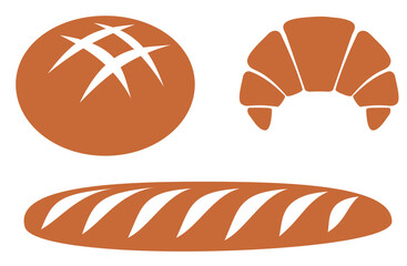 vector illustration of bread round bread, French bread with diagonal cuts, and a crescent-shaped puff pastry bun