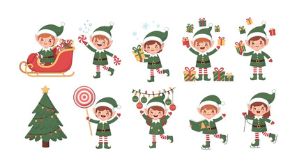 Festive Elves in Winter Wonderland: Delightful elves are celebrating, their joyful spirits illuminating the crisp winter air amidst a charming Christmas tree and presents. 