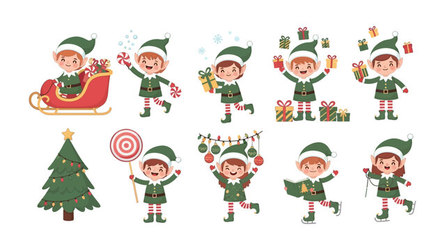 Festive Elves in Winter Wonderland: Delightful elves are celebrating, their joyful spirits illuminating the crisp winter air amidst a charming Christmas tree and presents. 