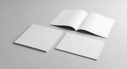 Three blank white brochure or magazine mockups, one open and two closed, arranged on a clean light grey background