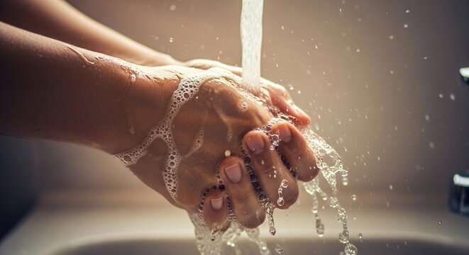 Woman washing hands under running water with soap. Hygiene and sanitation concept for health, cleanliness, and disease prevention. - Powered by Adobe