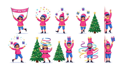 Holiday Cheer Elves: Playful elves engaging in festive activities like holding a Happy New Year banner, juggling gifts, and decorating a Christmas tree with stars and ribbons.