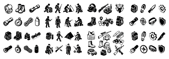 Outdoor adventure icons: equipment and activities