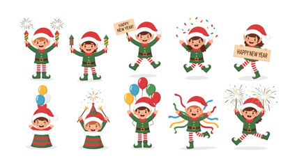 Elf Festive Celebration: A cheerful gathering of festive elves with hats, ready to welcome the New Year and celebrate joyful moments with fireworks and balloons.
