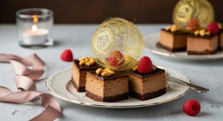 Peanut butter cheesecake Indulge in the allure of mini chocolate cheesecakes, adorned with a delicate caramel sphere, fresh raspberries, and crunchy nuts.