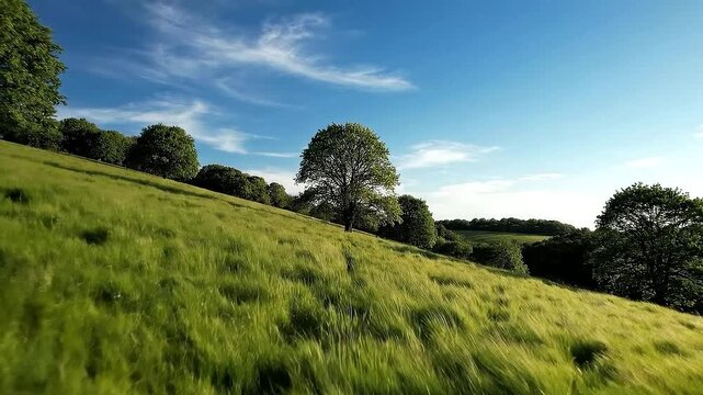 Serene Meadows: Gentle Wind through Lush Green Grass Under Clear Blue Sky