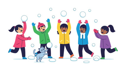 Fototapeta premium Snowball Fun: Illustrative joy of children at play. A playful scene of children engaging in a delightful snowball fight on a crisp winter day, the air filled with laughter and frosty cheer.