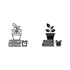 Two simple icons representing growth and learning with books and plants