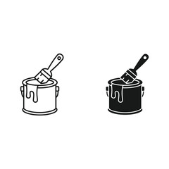 Paint can and brush icon in outline and silhouette styles