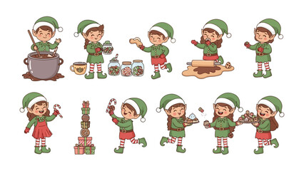 Joyful Elf Baker's Festive Delights: A collection of cheerful elves at work, busy baking and decorating a variety of sweet treats.
