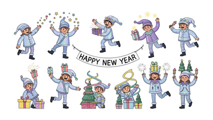 Cheerful Festive Spirits: A charming collection of playful elves joyfully prepare for the New Year, each immersed in the magic of the holiday.