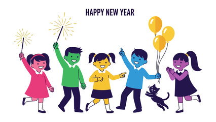 New Year's Celebration: Joyful children with festive sparklers and balloons are celebrating the arrival of the New Year, full of excitement and cheerful expectation.