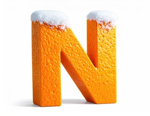 Letter N textured orange with snow top on a white backdrop