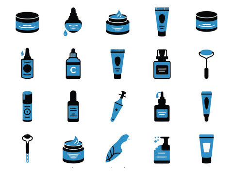Collection of skincare products and tools in blue and black, representing beauty routines.
