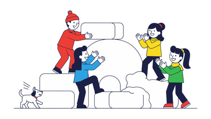 Winter Wonderland Playtime: A cheerful group of children and a playful dog are shown building a snow fort, creating an exciting winter scene filled with laughter and camaraderie.