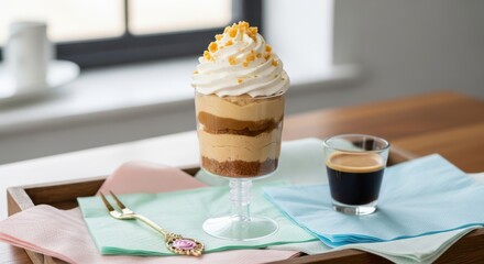 Peanut butter cheesecake Indulge in a decadent coffee parfait, layered with creamy mousse and topped with whipped cream and sprinkles, served with an espresso.