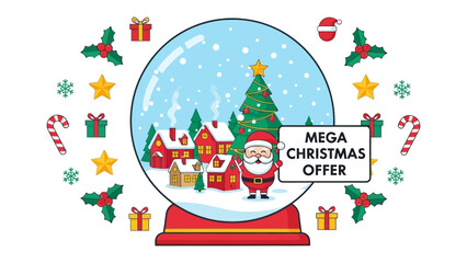 Mega Christmas Offer: festive globe with Santa in a winter wonderland, offering a season of savings and holiday magic.