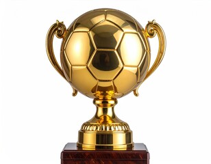 Golden soccer ball trophy, wooden base, white backdrop