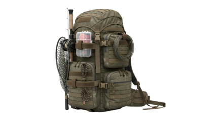 Camouflage military backpack isolated on transparent background