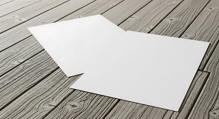 Blank white sheets of paper overlapping on a rustic wooden background, ideal for presentations, notes, or design mockups with natural texture