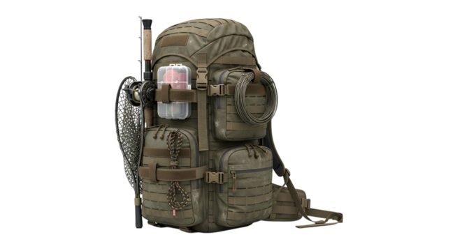 Camouflage military backpack isolated on transparent background