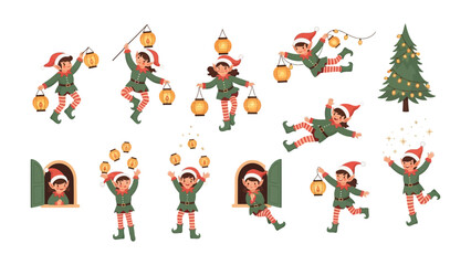Whimsical Elf Delights: A collection of cheerful elves engage in a medley of festive activities, from adorning a festive tree to illuminating the scene with glowing lanterns.