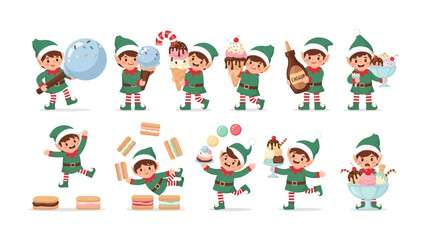 Whimsical Treats: Playful cartoon elves enthusiastically presenting an array of delicious desserts, including ice cream, macaroons, and other treats.