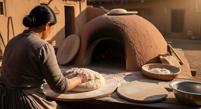 Woman seen from behind kneads dough for traditional Khubz bread at a communal village oven, showcasing cultural baking practices, rustic kitchen setting, and artisan craftsmanship.