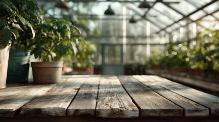 Sunlight streams into a greenhouse, illuminating potted plants and an empty wooden table, creating a serene atmosphere perfect for showcasing products or designs