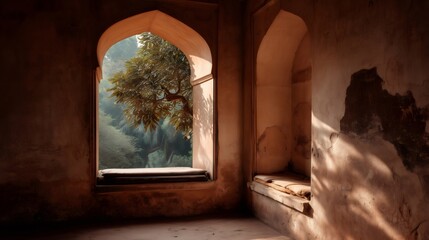 Warm sunlight streaming into a weathered stone alcove highlights worn cushions and an arched window framing a tranquil view of lush green foliage