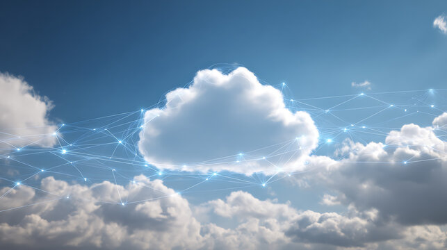 White cloud network connection in blue sky with fluffy clouds cloud computing data
