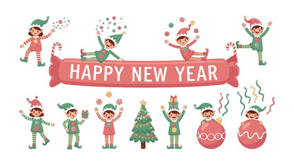 Happy New Year Festive Elves: A cheerful collection of animated elves, complete with pointy hats and festive attire, playfully interacts amidst whimsical decorations.