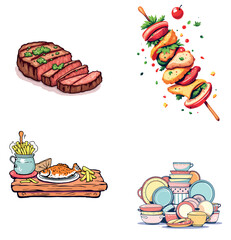 Vsai different types of food and kitchenware illustration