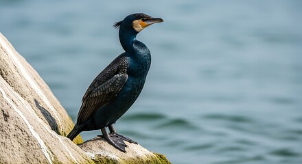 Cormorant Perched on Rock Overlooking Water.