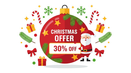 Christmas Offer: A festive Christmas ornament with Christmas offer text and a 30% off offer next to illustration of Santa Claus. Capturing the joy of Christmas season and sales offers.