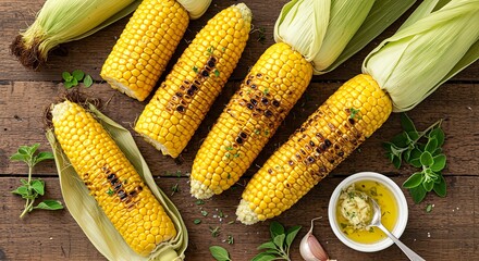 Grilled corn on the cob with herb butter sauce on a rustic wooden table, viewed from above.