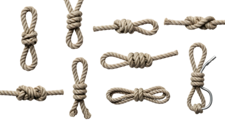 Collection of different rope knots isolated on transparent background